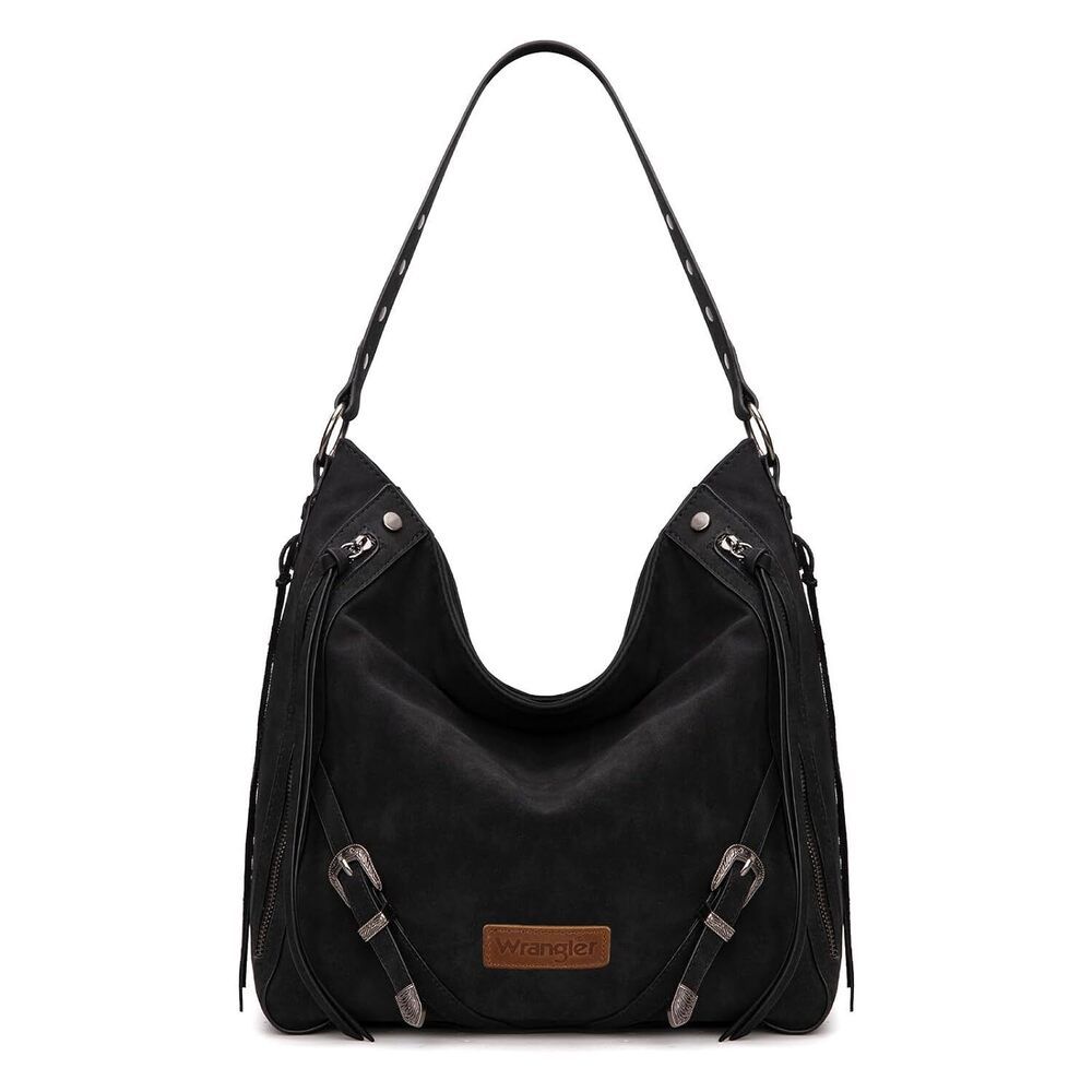 Wrangler Black Hobo Purses for Women Large Handbags Buckle Fringe Zipper Faux